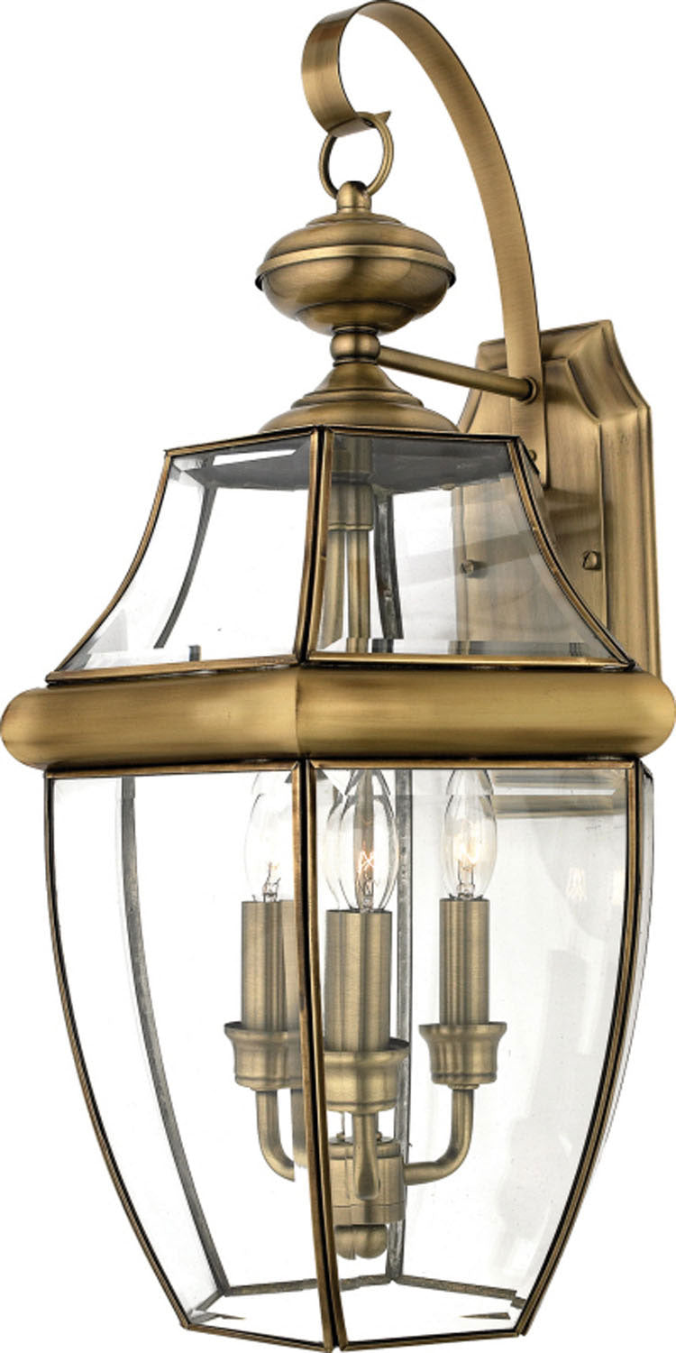 Quoizel NY8318A Three Light Outdoor Wall Lantern, Antique Brass Finish - LightingWellCo