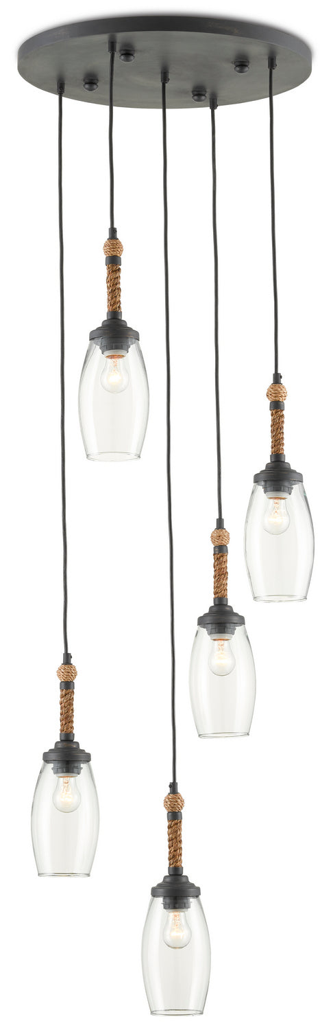 Currey and Company 9000-0652 Five Light Pendant, French Black/Natural Rope Finish - LightingWellCo