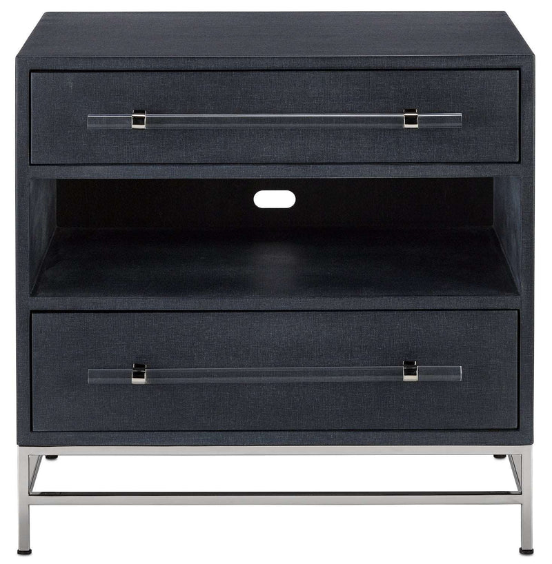 Currey and Company 3000-0153 Nightstand, Navy Lacquered Linen/Polished Nickel/Black/Clear Finish - LightingWellCo