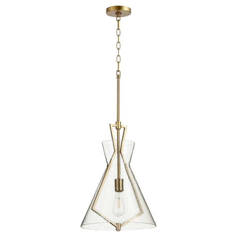 Quorum 8426-80 One Light Pendant, Aged Brass w/ Textured Glass Finish - LightingWellCo