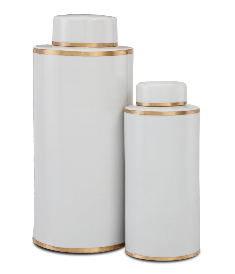 Currey and Company 1200-0414 Canister Set of 2, White/Antique Brass Finish - LightingWellCo