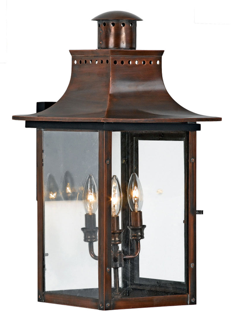 Quoizel CM8412AC Three Light Outdoor Wall Lantern, Aged Copper Finish - LightingWellCo