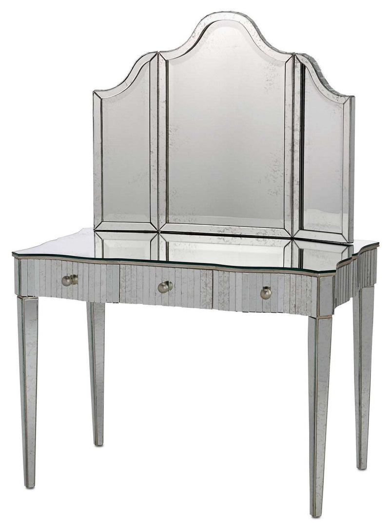 Currey and Company 4004 Vanity Table, Granello Silver Leaf/Antique Mirror Finish - LightingWellCo