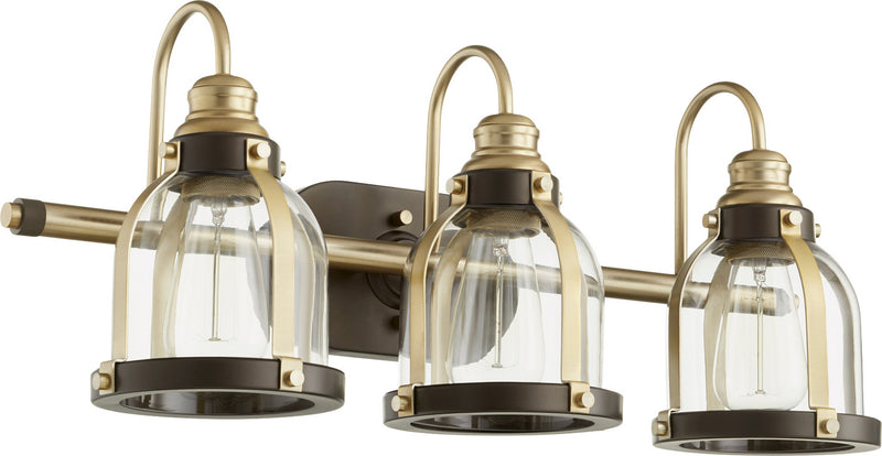 Quorum 586-3-8086 Three Light Vanity, Aged Brass w/ Oiled Bronze Finish - LightingWellCo
