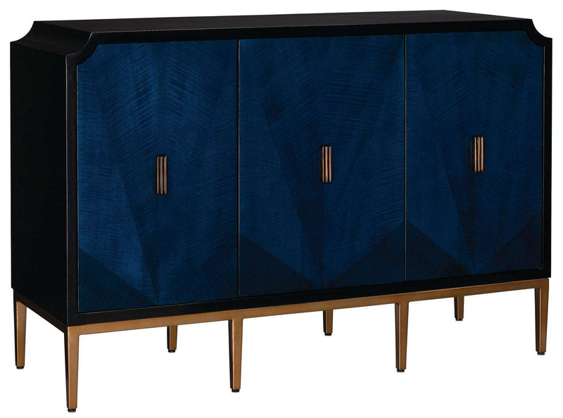Currey and Company 3000-0082 Cabinet, Dark Sapphire/Caviar Black/Antique Brass Finish - LightingWellCo