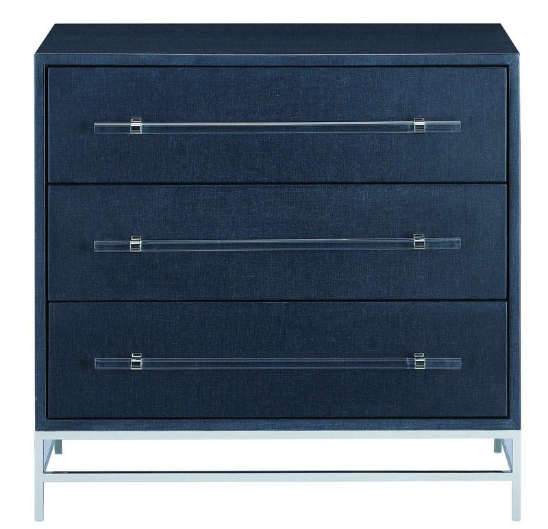 Currey and Company 3000-0089 Chest, Navy Lacquered Linen/Polished Nickel/Black/Clear Finish - LightingWellCo