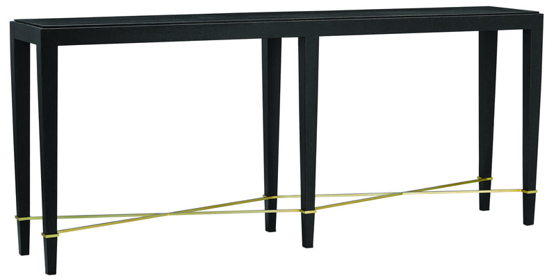 Currey and Company 3000-0097 Console Table, Black Lacquered Linen/Champagne Finish - LightingWellCo