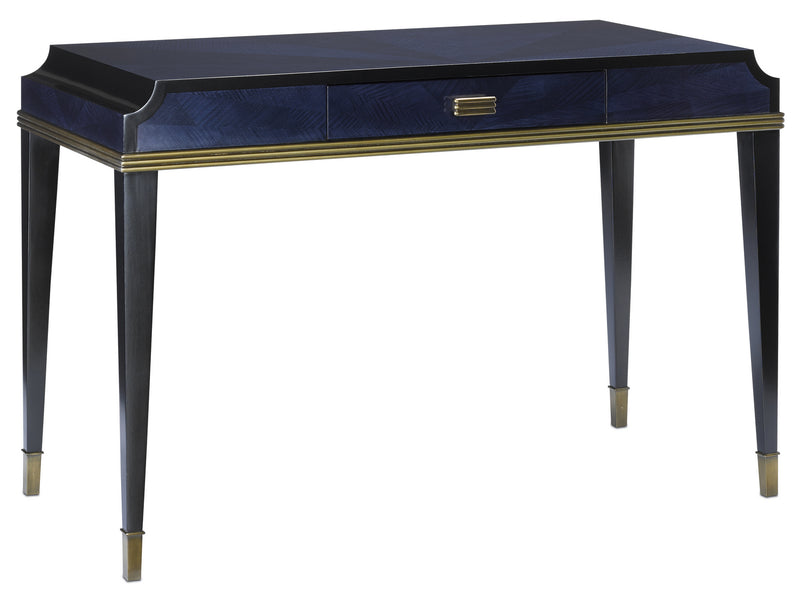 Currey and Company 3000-0123 Desk, Dark Sapphire/Caviar Black/Antique Brass Finish - LightingWellCo